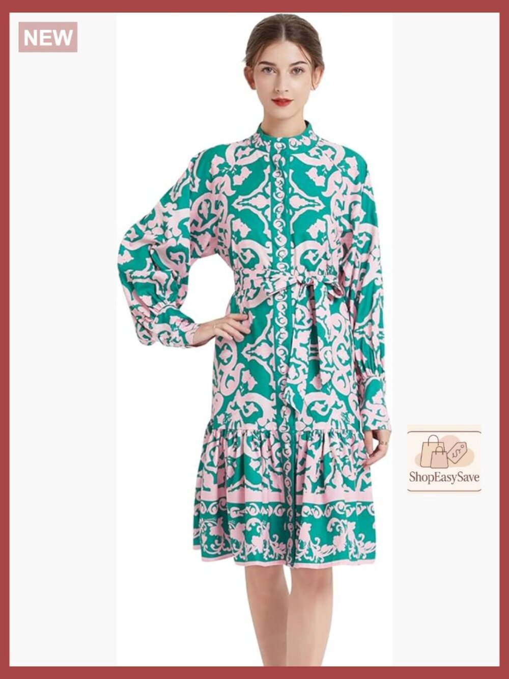 Floral Print Midi Dress Puff Sleeves Button Front Belted Elegant Chic Casual
